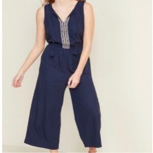 OLD NAVY  Tassel Tie Wide Leg Linen Jumpsuit Navy Blue